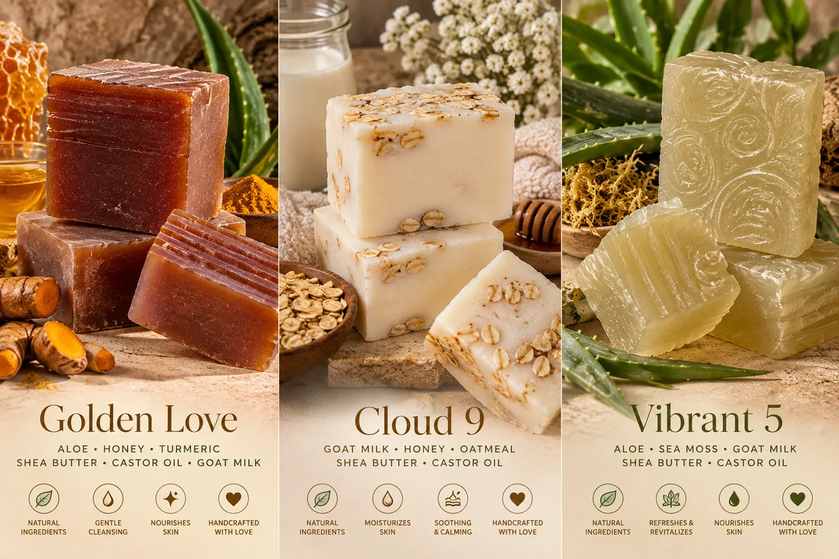 Golden Love, Cloud 9 and Vibrant 5 handmade soap bars
